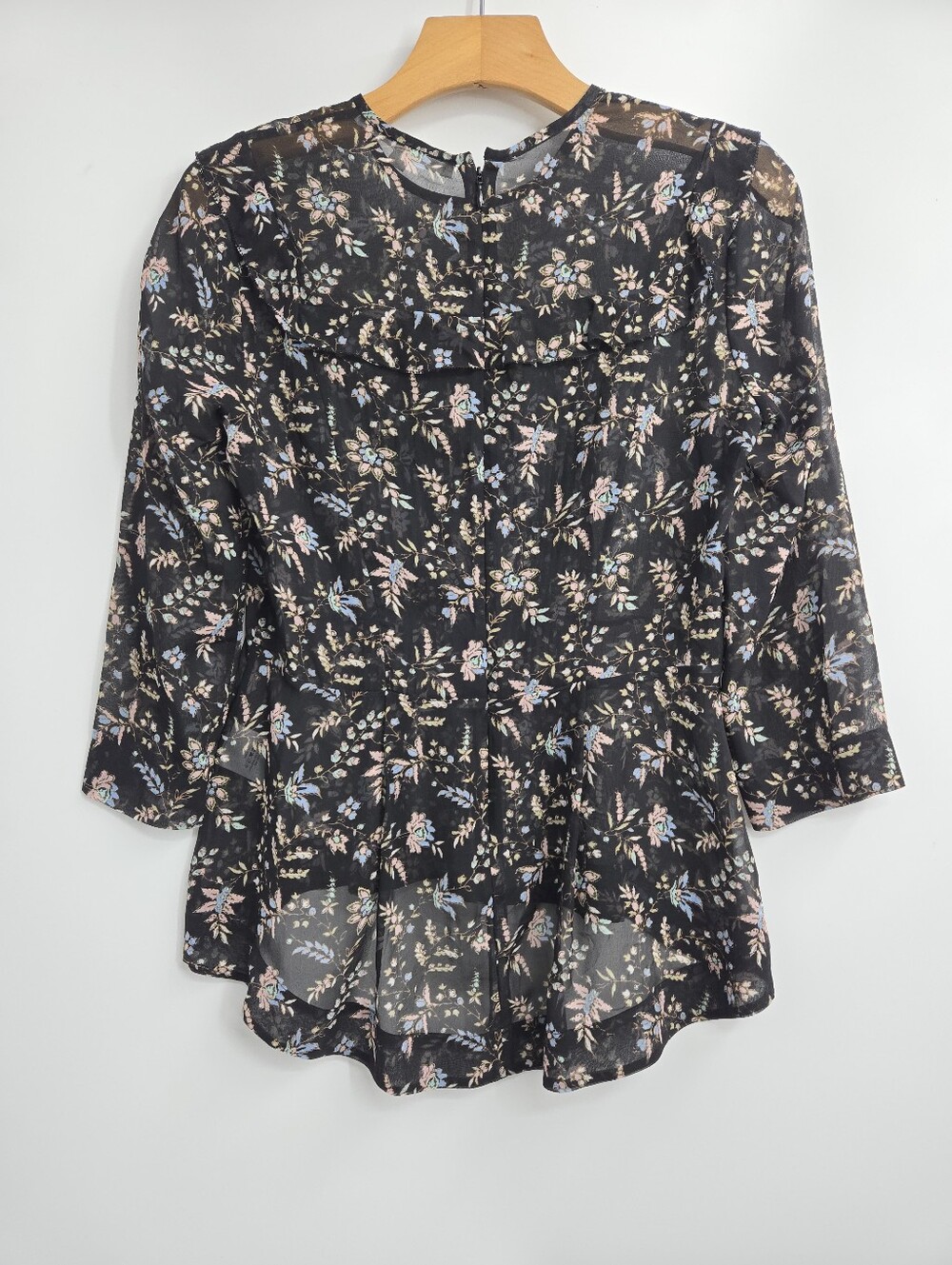 Veronica Beard Thompson Blouse Black Silk Floral Ruffle Peplum - Picture 8 of 16